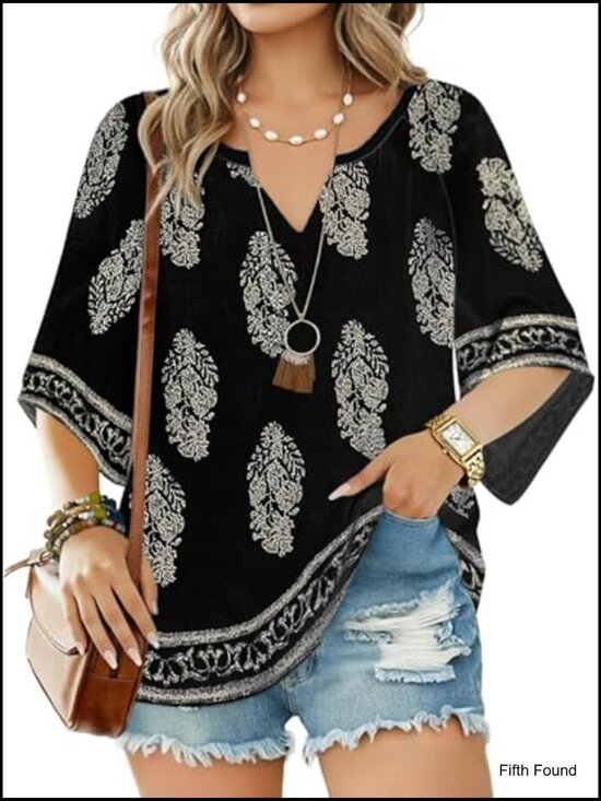 Tops - Boho V-Neck 3/4 Sleeve Blouse Tunic Loose Fit Peasant Top